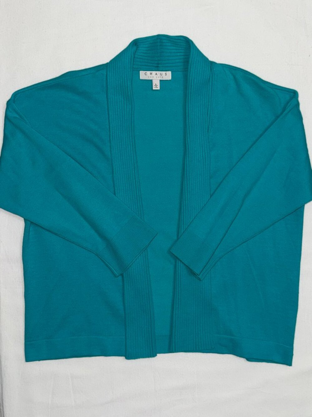 CHAUS New York Turquoise Open Front 3/4 Sleeve Cardigan Sweater L NWT